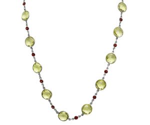 Lemon Quartz Checker Briolette and Garnet Necklace EXN01146 N-1024, 12x12 mm