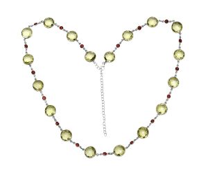 Lemon Quartz Checker Briolette and Garnet Necklace EXN01146 N-1024, 12x12 mm