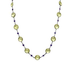 Lemon Quartz Checker Briolette and Amethyst Necklace EXN01147 N-1024, 12x12 mm