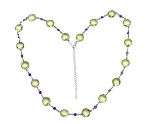 Lemon Quartz Checker Briolette and Amethyst Necklace EXN01147 N-1024, 12x12 mm