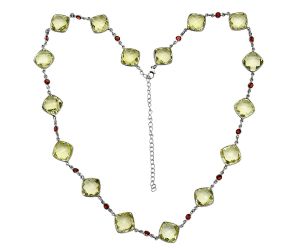 Lemon Quartz Checker Briolette and Garnet Necklace EXN01148 N-1024, 13x13 mm