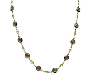 Smoky Quartz Checker Briolette and Peridot Necklace EXN01149 N-1024, 8x8 mm