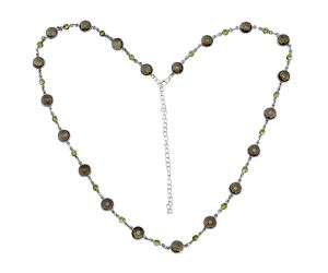 Smoky Quartz Checker Briolette and Peridot Necklace EXN01149 N-1024, 8x8 mm