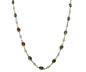 Smoky Quartz Checker Briolette and Peridot Necklace EXN01150 N-1024, 6x9 mm