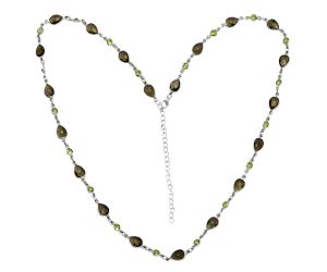 Smoky Quartz Checker Briolette and Peridot Necklace EXN01150 N-1024, 6x9 mm