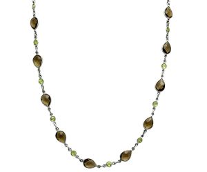 Smoky Quartz Checker Briolette and Peridot Necklace EXN01151 N-1024, 7x10 mm