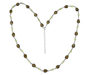 Smoky Quartz Checker Briolette and Peridot Necklace EXN01151 N-1024, 7x10 mm