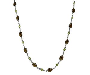 Smoky Quartz Checker Briolette and Peridot Necklace EXN01152 N-1024, 6x9 mm