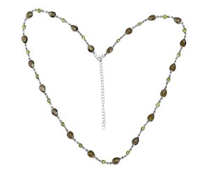 Smoky Quartz Checker Briolette and Peridot Necklace EXN01152 N-1024, 6x9 mm