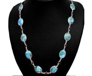 Kingman Turquoise With Pyrite and Garnet Necklace EXN01161 N-1024, 12x26 mm