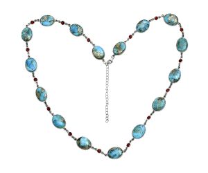 Kingman Turquoise With Pyrite and Garnet Necklace EXN01161 N-1024, 12x26 mm