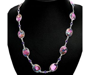 Kingman Pink Dahlia Turquoise and Amethyst Necklace EXN01162 N-1024, 12x16 mm