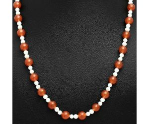 Carnelian and Pearl Beaded Necklace EXN01167 N-1025, 8x8 mm