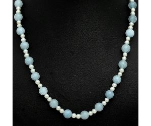 Aquamarine and Pearl Beaded Necklace EXN01173 N-1025, 8x8 mm