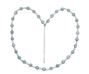 Aquamarine and Pearl Beaded Necklace EXN01173 N-1025, 8x8 mm