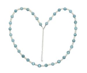 Aquamarine and Pearl Beaded Necklace EXN01174 N-1025, 8x8 mm