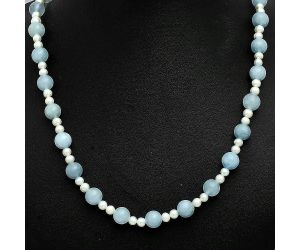 Aquamarine and Pearl Beaded Necklace EXN01175 N-1025, 8x8 mm