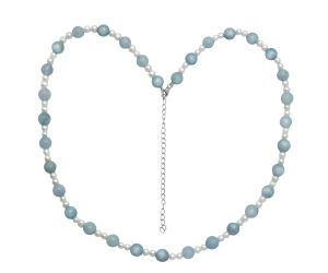 Aquamarine and Pearl Beaded Necklace EXN01175 N-1025, 8x8 mm