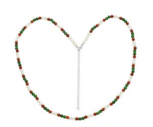 Pearl, Nephrite Jade & Coral Beaded Necklace EXN01181 N-1025, 5x5 mm