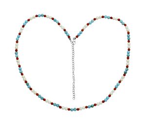 Pearl, Turquoise & Coral Beaded Necklace EXN01182 N-1025, 5x5 mm