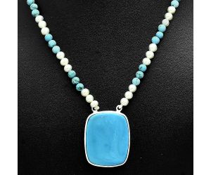 Natural Rare Turquoise Nevada Aztec Mt, Pearl & Turquoise Beaded Necklace EXN01186 N-1027, 25x31 mm