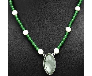 Prasiolite (Green Amethyst) Checker Briolette and Pearl Beaded Necklace EXN01190 N-1027, 15x27 mm