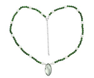 Prasiolite (Green Amethyst) Checker Briolette, Nephrite Jade & Pearl Beaded Necklace EXN01191 N-1027, 15x27 mm