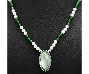 Prasiolite (Green Amethyst) Checker Briolette, Nephrite Jade & Pearl Beaded Necklace EXN01192 N-1027, 15x27 mm