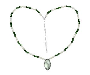 Prasiolite (Green Amethyst) Checker Briolette, Nephrite Jade & Pearl Beaded Necklace EXN01192 N-1027, 15x27 mm