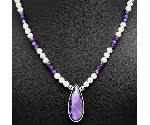 Amethyst Checker Briolette and Pearl Beaded Necklace EXN01193 N-1027, 12x29 mm