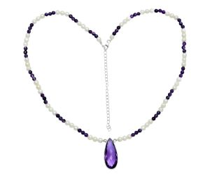 Amethyst Checker Briolette and Pearl Beaded Necklace EXN01193 N-1027, 12x29 mm