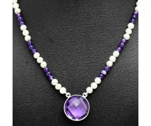 Amethyst Checker Briolette and Pearl Beaded Necklace EXN01194 N-1027, 19x19 mm