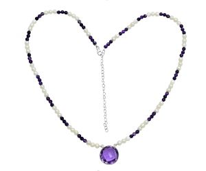 Amethyst Checker Briolette and Pearl Beaded Necklace EXN01194 N-1027, 19x19 mm