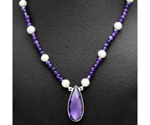 Amethyst Checker Briolette and Pearl Beaded Necklace EXN01195 N-1027, 13x29 mm