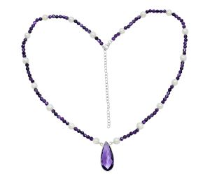 Amethyst Checker Briolette and Pearl Beaded Necklace EXN01195 N-1027, 13x29 mm