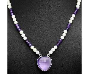 Amethyst Checker Briolette and Pearl Beaded Necklace EXN01196 N-1027, 19x19 mm