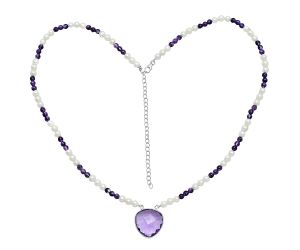 Amethyst Checker Briolette and Pearl Beaded Necklace EXN01196 N-1027, 19x19 mm