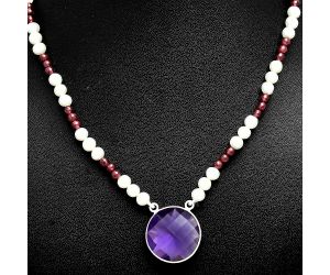 Amethyst Checker, Garnet & Pearl Beaded Necklace EXN01197 N-1027, 19x19 mm