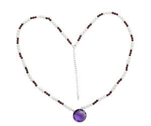 Amethyst Checker, Garnet & Pearl Beaded Necklace EXN01197 N-1027, 19x19 mm