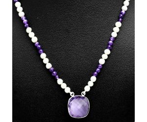 Amethyst Checker Briolette and Pearl Beaded Necklace EXN01198 N-1027, 18x18 mm