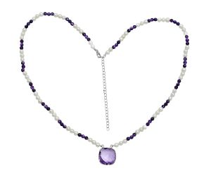 Amethyst Checker Briolette and Pearl Beaded Necklace EXN01198 N-1027, 18x18 mm