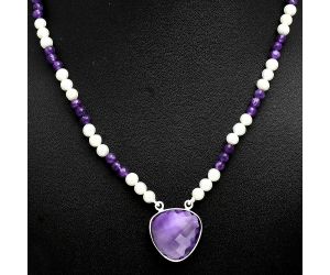 Amethyst Checker Briolette and Pearl Beaded Necklace EXN01199 N-1027, 20x20 mm