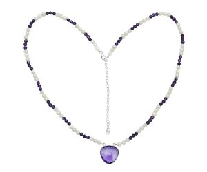 Amethyst Checker Briolette and Pearl Beaded Necklace EXN01199 N-1027, 20x20 mm