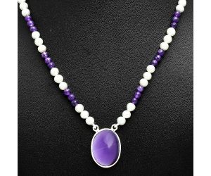 Amethyst Cab and Pearl Beaded Necklace EXN01200 N-1027, 15x20 mm