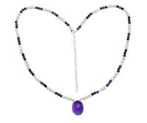 Amethyst Cab and Pearl Beaded Necklace EXN01200 N-1027, 15x20 mm