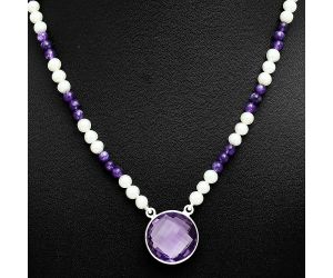 Amethyst Checker Briolette and Pearl Beaded Necklace EXN01201 N-1027, 18x18 mm