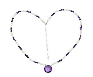 Amethyst Checker Briolette and Pearl Beaded Necklace EXN01201 N-1027, 18x18 mm