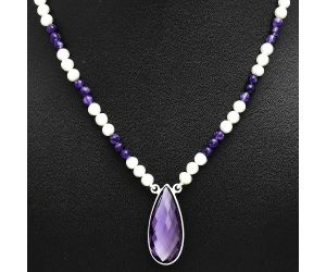 Amethyst Checker Briolette and Pearl Beaded Necklace EXN01202 N-1027, 13x28 mm