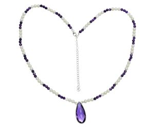 Amethyst Checker Briolette and Pearl Beaded Necklace EXN01202 N-1027, 13x28 mm