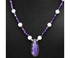 Amethyst Checker Briolette and Pearl Beaded Necklace EXN01203 N-1027, 13x29 mm